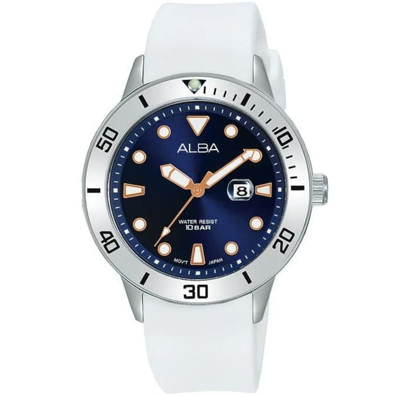 ساعة ألبا أكتيف للنساء بسوار سيليكون أبيض ومينا أزرق AH7V15X1