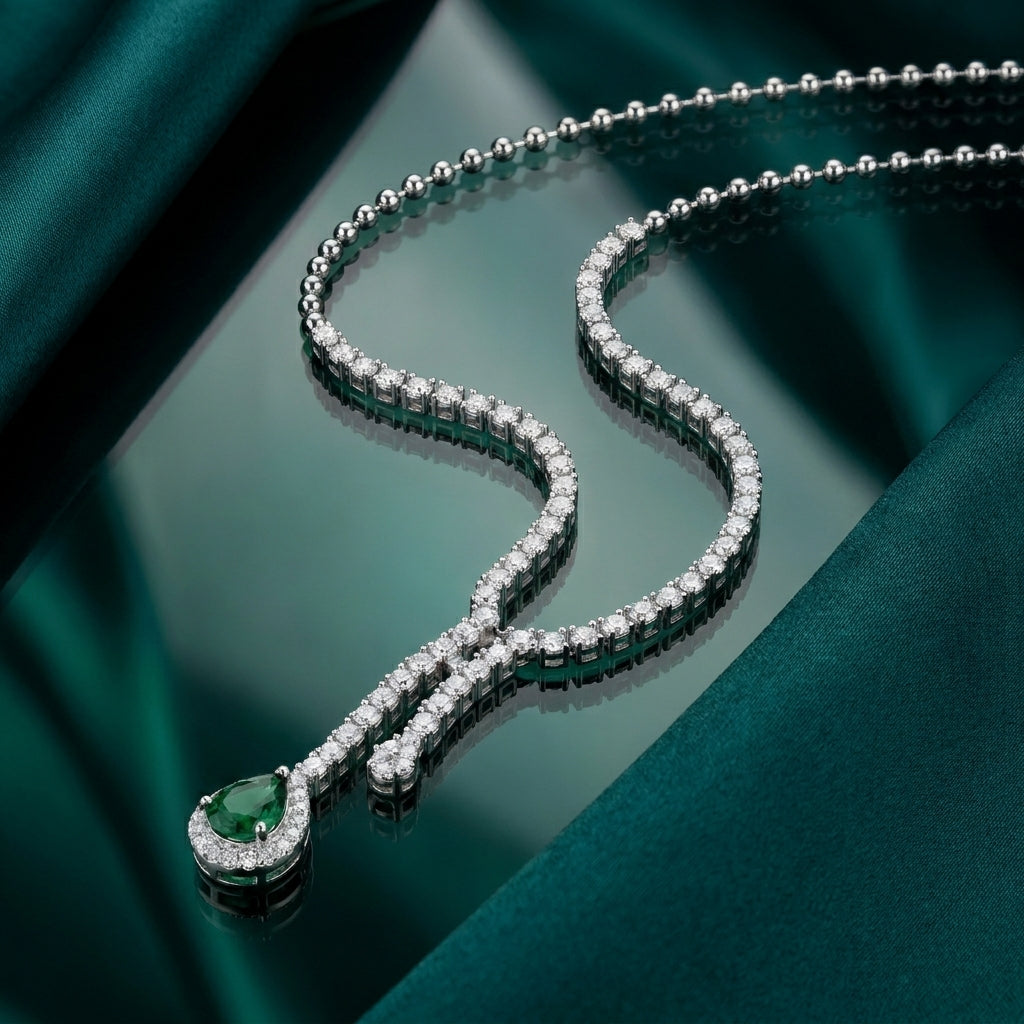 Elegant 925 Silver Necklace with a Dangling Green Stone and Zircon Halo