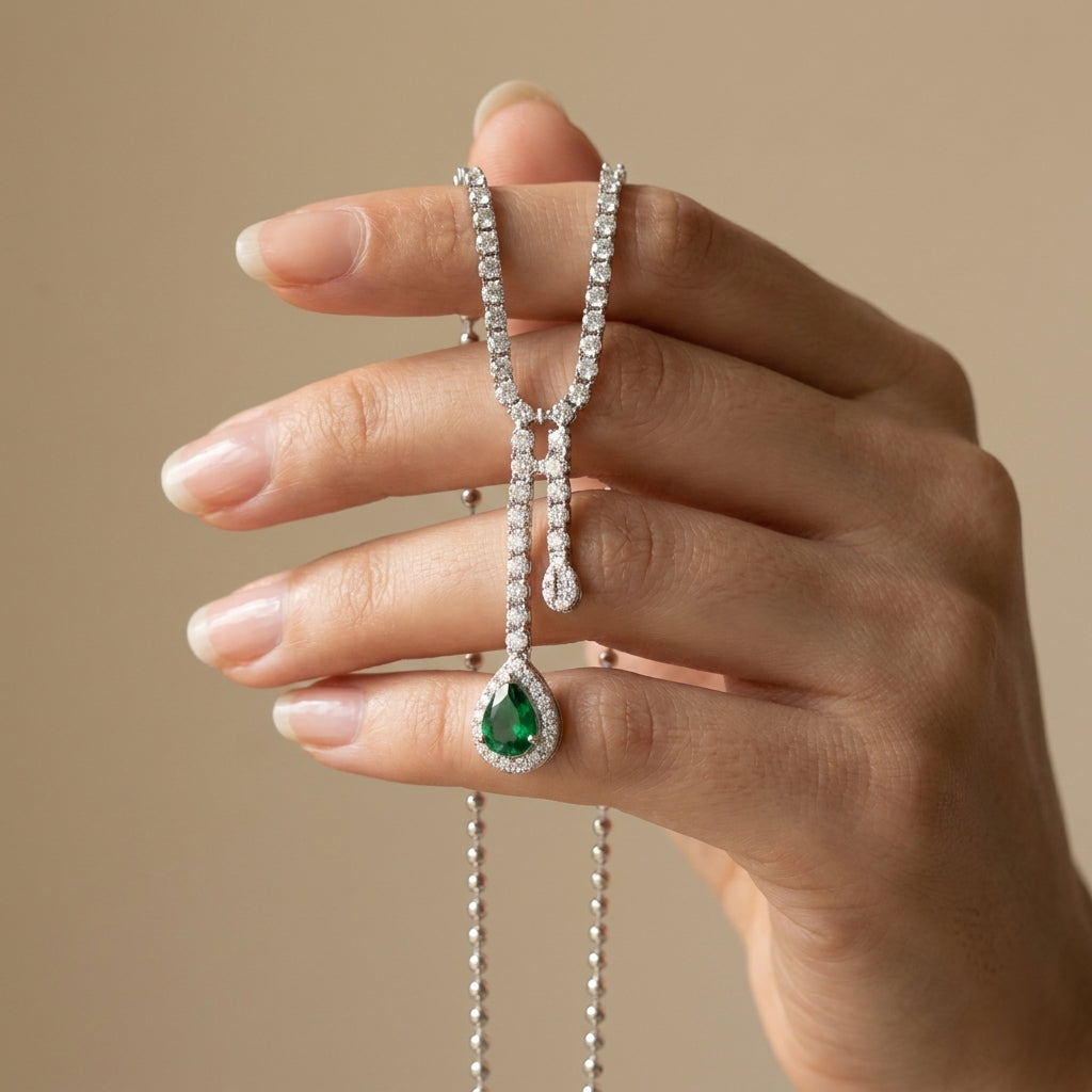 Elegant 925 Silver Necklace with a Dangling Green Stone and Zircon Halo