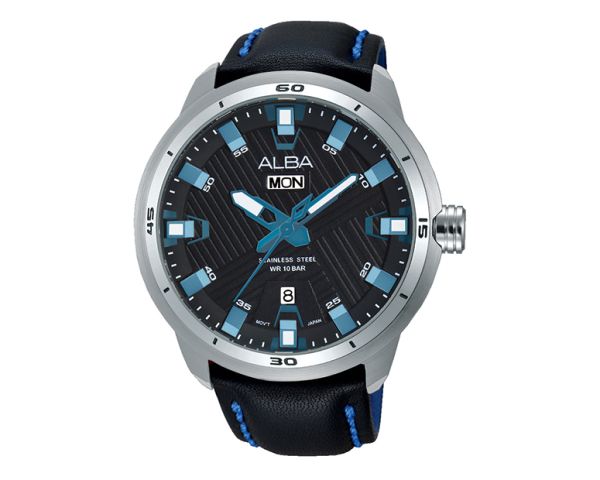 ساعة يد ألبا رجالي اكتيف سوار جلد أسود ، مينا لون أسود