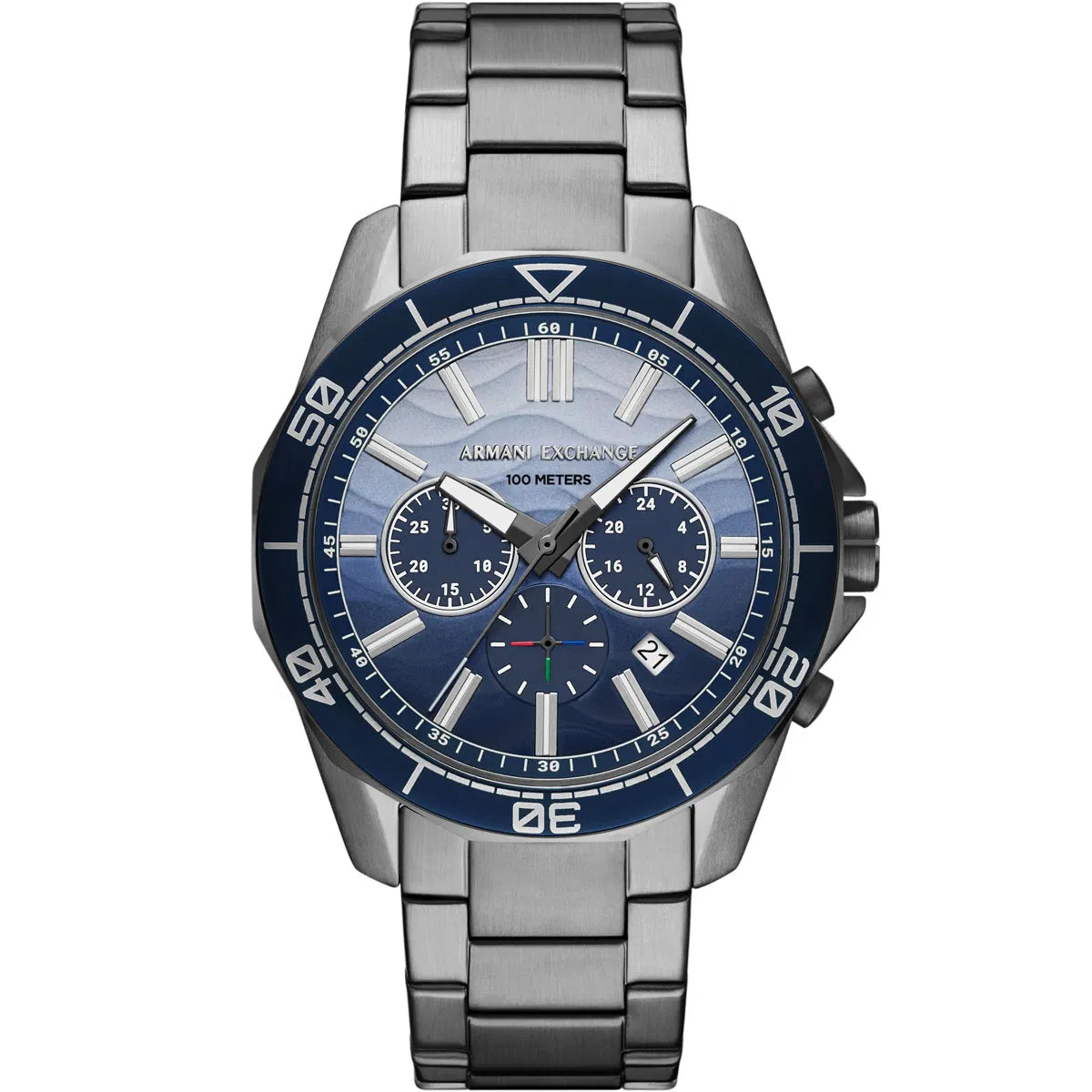 Armani Exchange Men's Chronograph Watch – Gradient Blue Dial with Gray Stainless Steel Bracelet