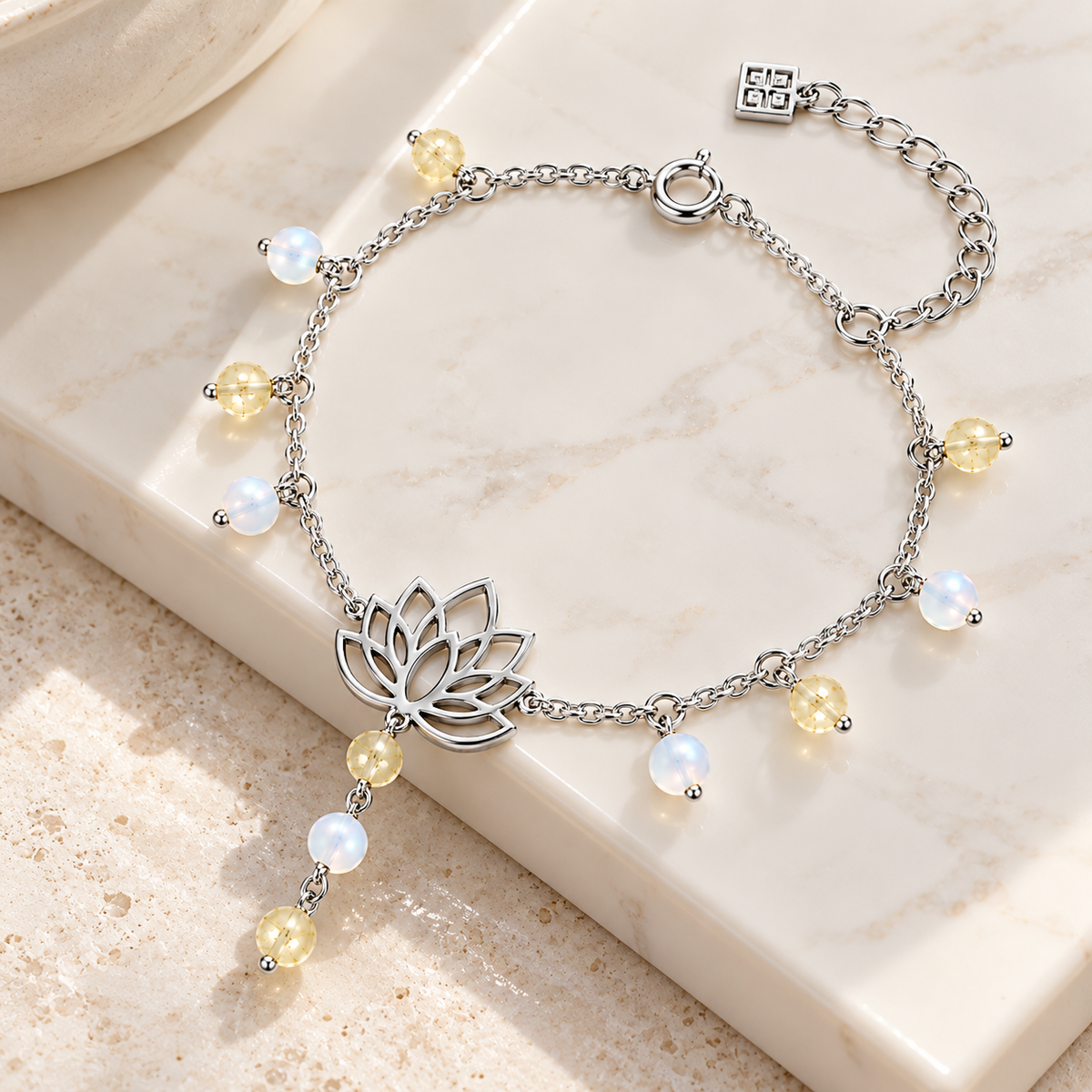 Lotus Anklet with Mother of Pearl and Natural Citrine, 925 Silver