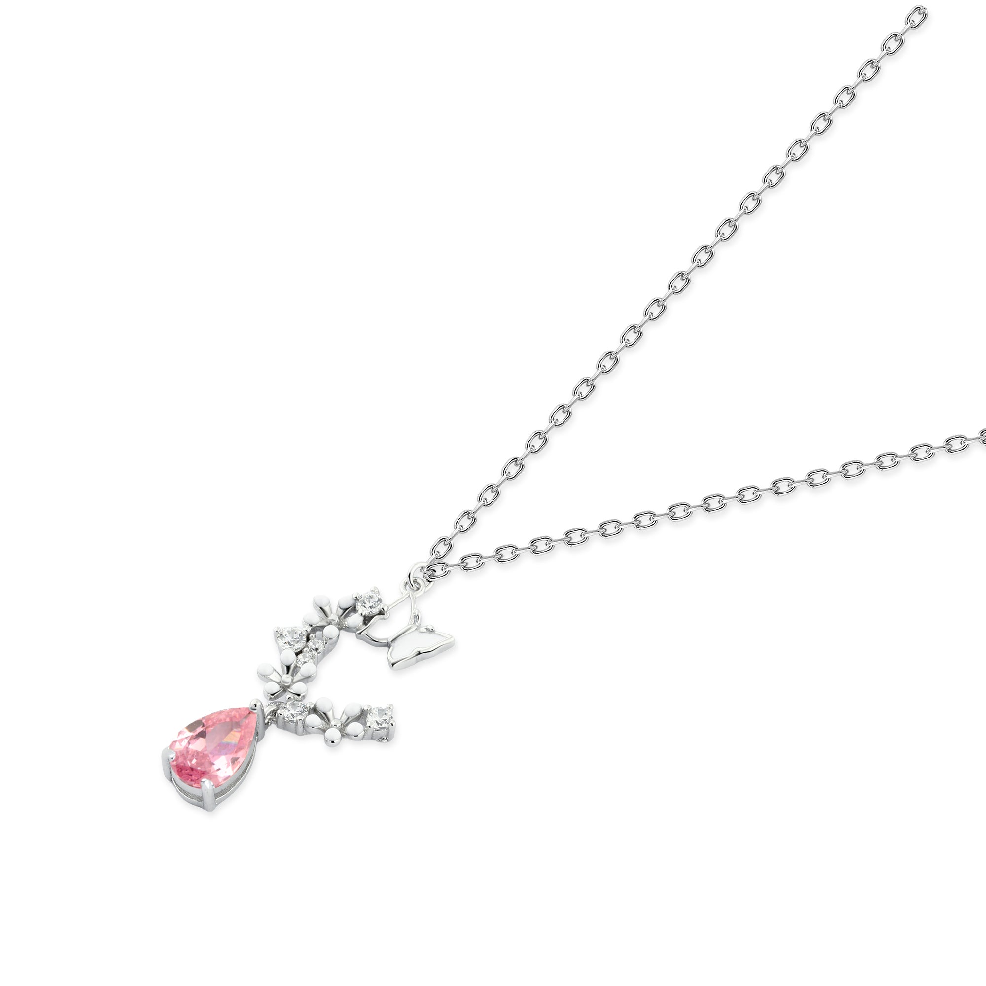 عقد فضة عيار 925 بتصميم فراشة مع فص وردي