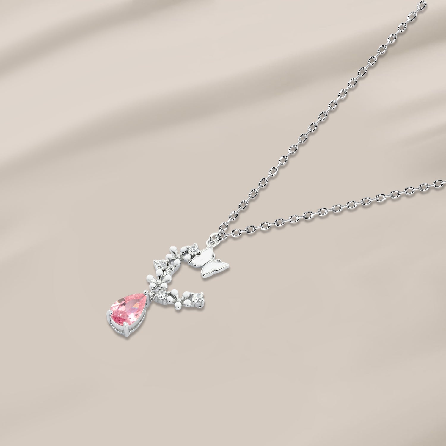 925 Silver Butterfly Design Necklace With a Pink Stone