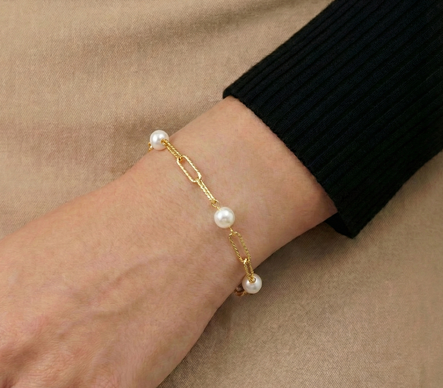 انسيال فضة عيار 925 بسلسلة ولؤلؤ أبيض - مطلي ذهب