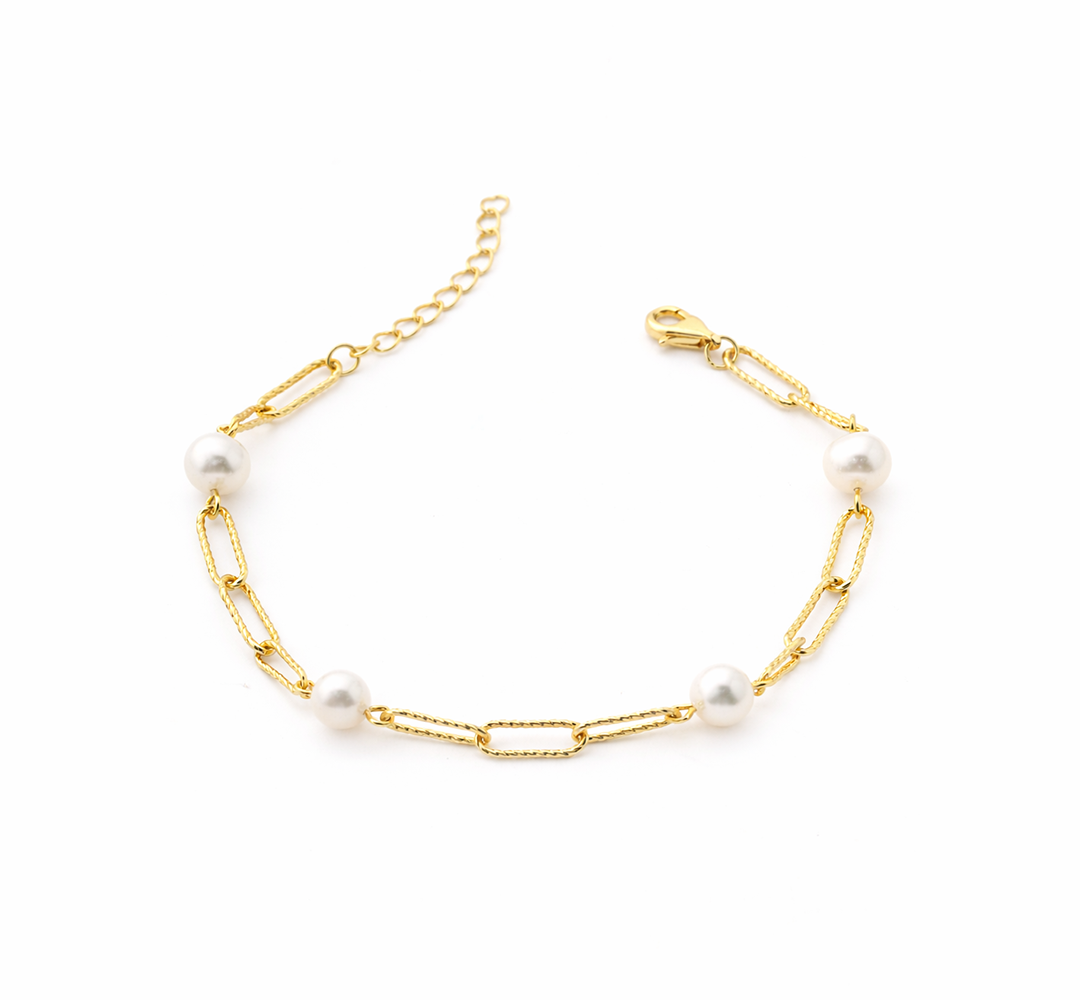 انسيال فضة عيار 925 بسلسلة ولؤلؤ أبيض - مطلي ذهب