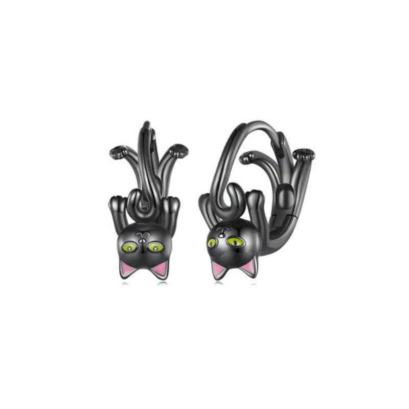 حلق فضة عيار 925 بتصميم قطة سوداء