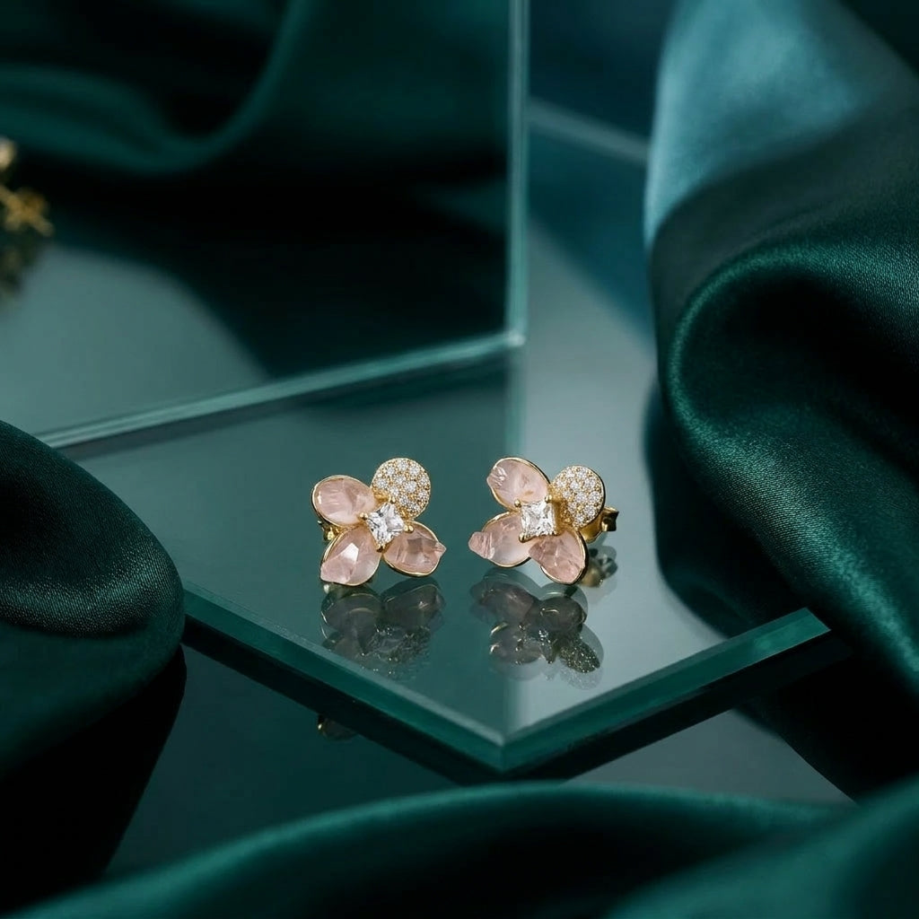 925 Silver Pink Zircon Flower Earrings – Gold Plated