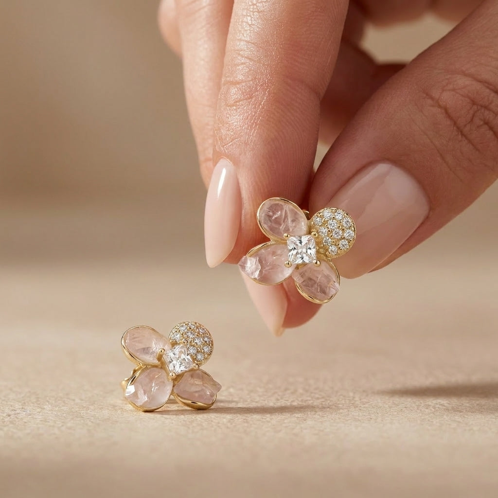 925 Silver Pink Zircon Flower Earrings – Gold Plated
