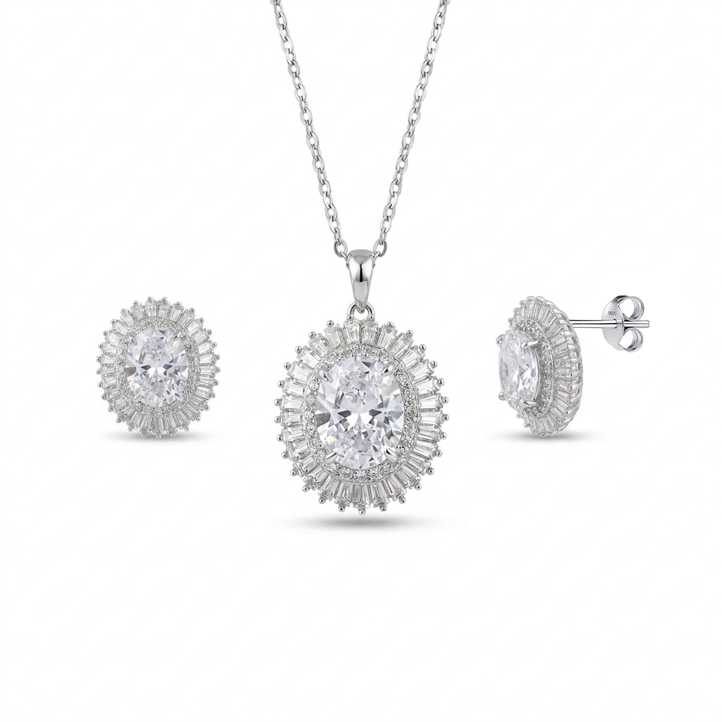 Luxurious Women's  Silver Set, adorned with Zircon, featuring a shiny silver color.Luxurious Women's Silver Silver Set, adorned with Zircon, featuring a shiny silver color.