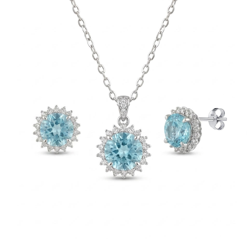 Sky Blue 925 Sterling Silver Set Adorned with Zircon.Sky Blue 925 Silver Set Adorned with Zircon.