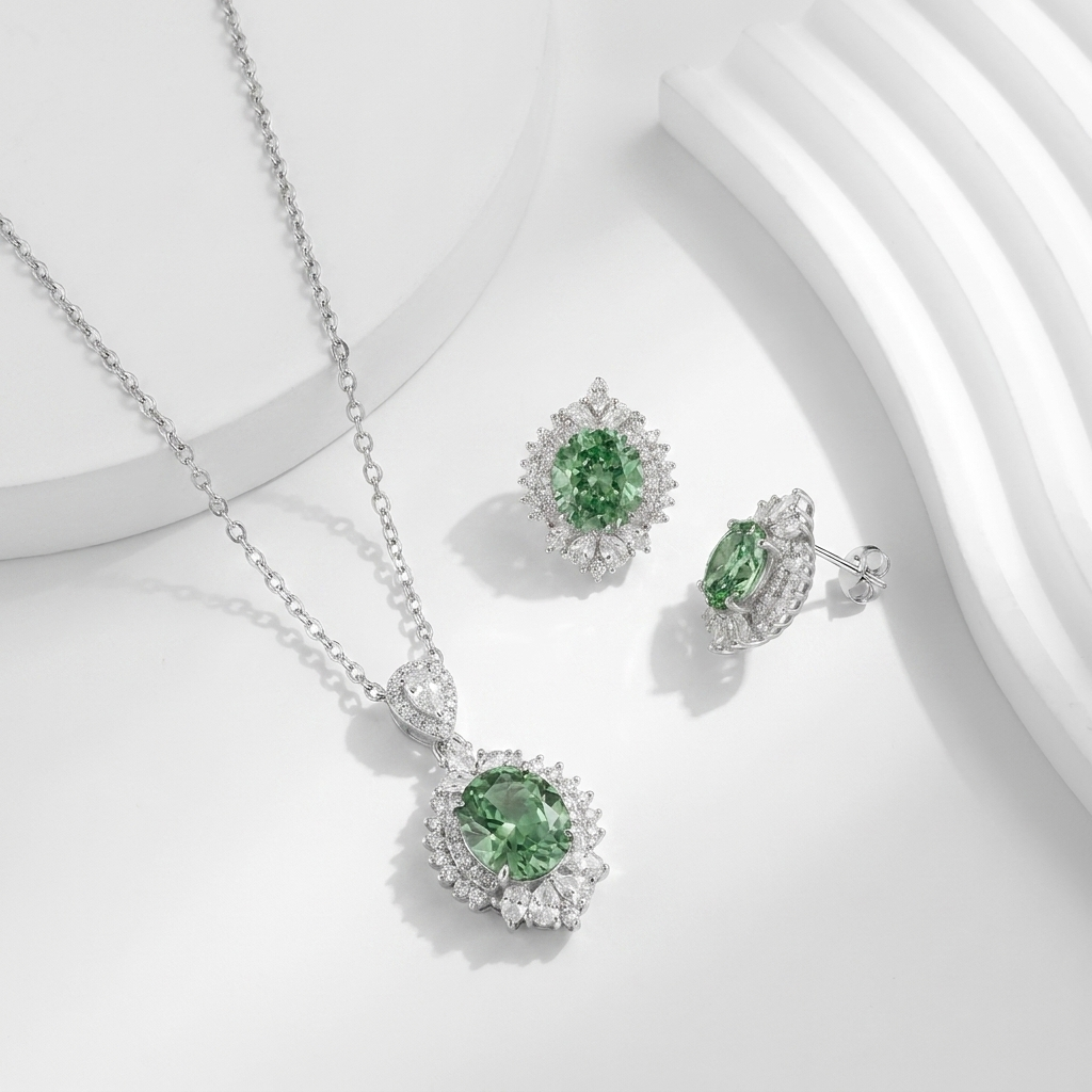 Luxury "Green Blossom" Silver Set with Sparkling Diamond-Like Stones