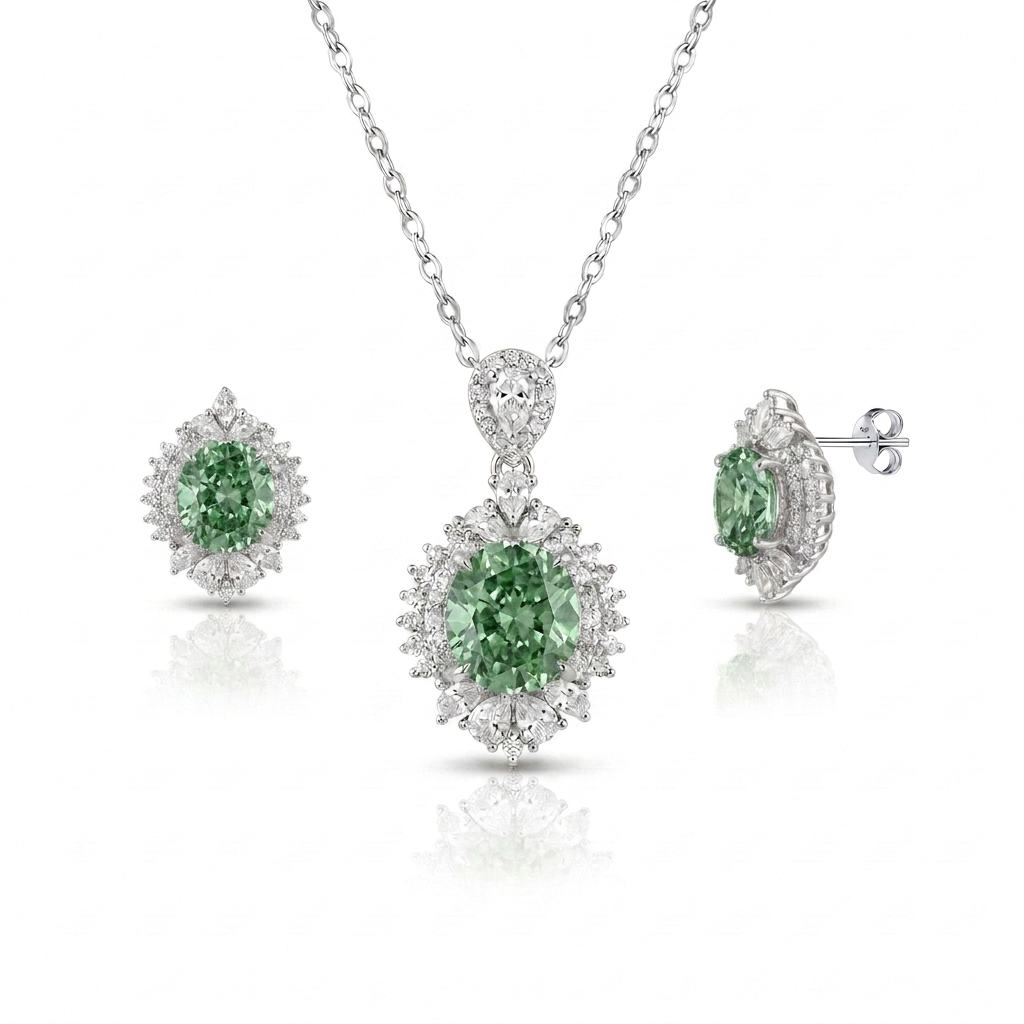 Luxury "Green Blossom" Silver Set with Sparkling Diamond-Like Stones