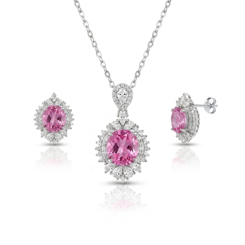 The "Pink Blossom" Set in 925 Silver with a Shiny Pink Stone and Sparkling 