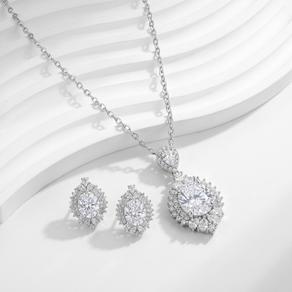 The "Flower" Set in 925 Silver with Sparkling Small Surrounding Stones