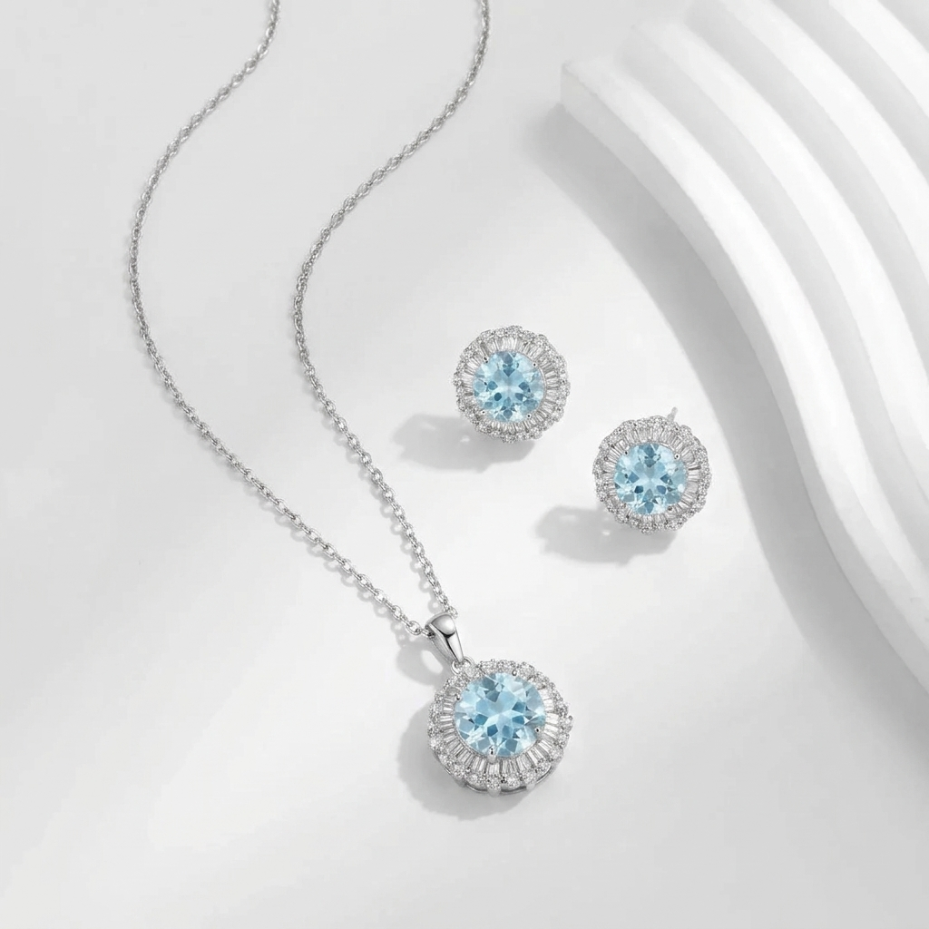 The "Blue Blossom" Set in 925 Silver with a Shiny Stone and Sparkling stone