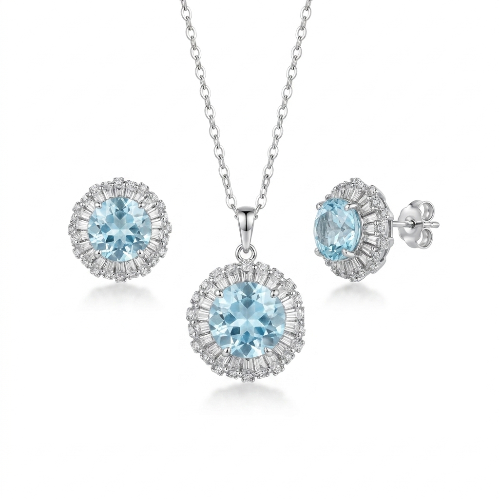 The "Blue Blossom" Set in 925 Silver with a Shiny Stone and Sparkling stone
