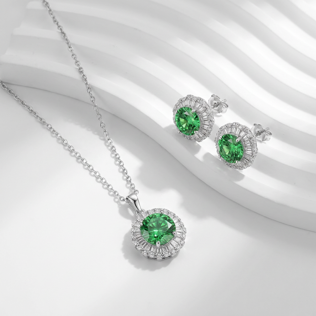 The "Green Blossom" Set in 925 Silver with a Shiny Stone Surrounded by Small Stone 