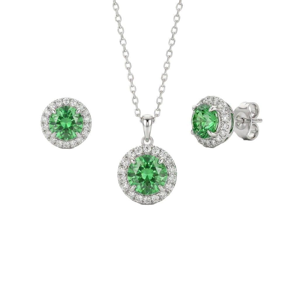 طقم فضه عيار 925  مع حجر أخضر، أقراط وعقد بتصميم عصري وأنيق