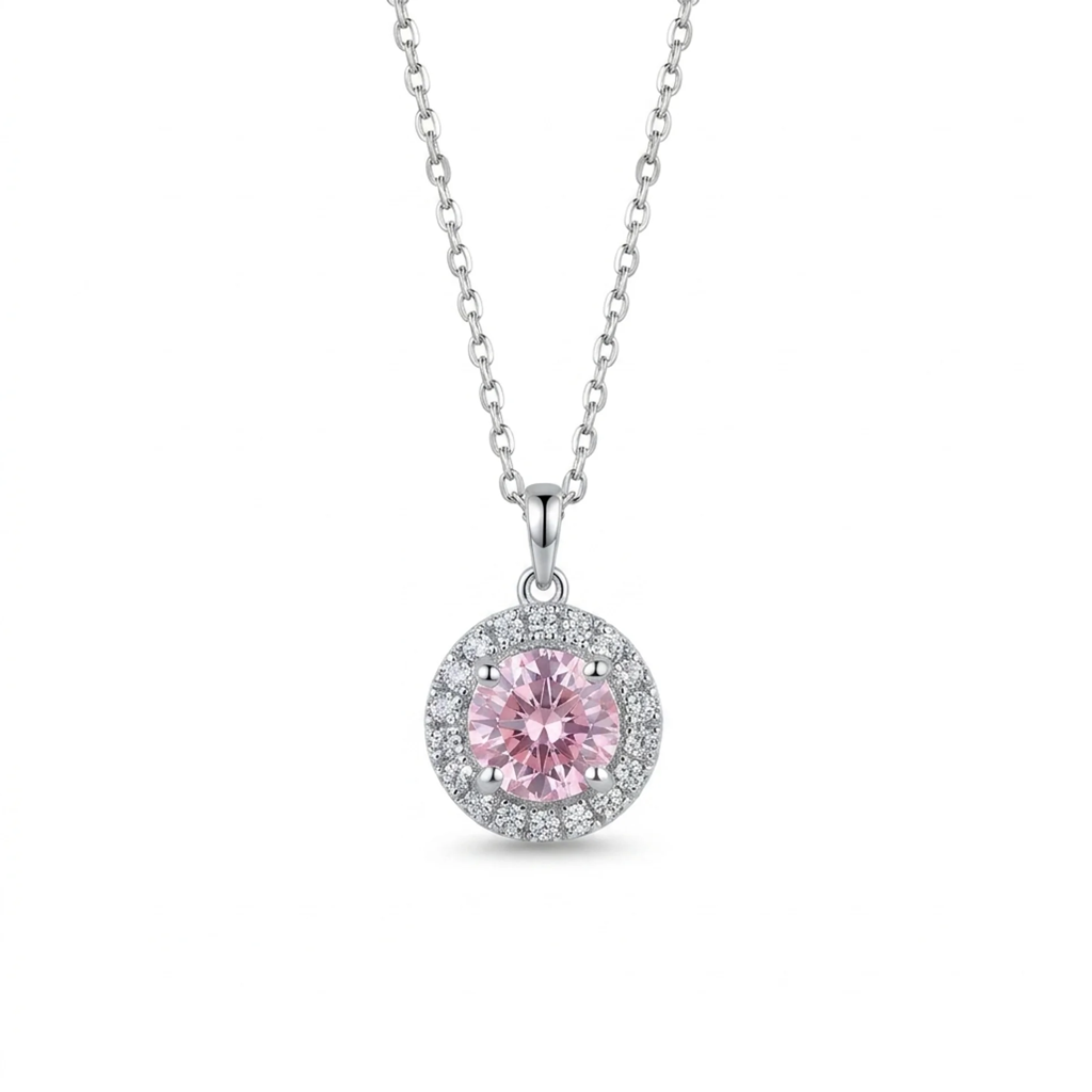 A 925 silver set featuring a delicate round design adorned with a sparkling pink stone