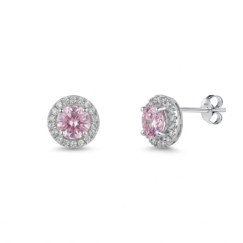 A 925 silver set featuring a delicate round design adorned with a sparkling pink stone
