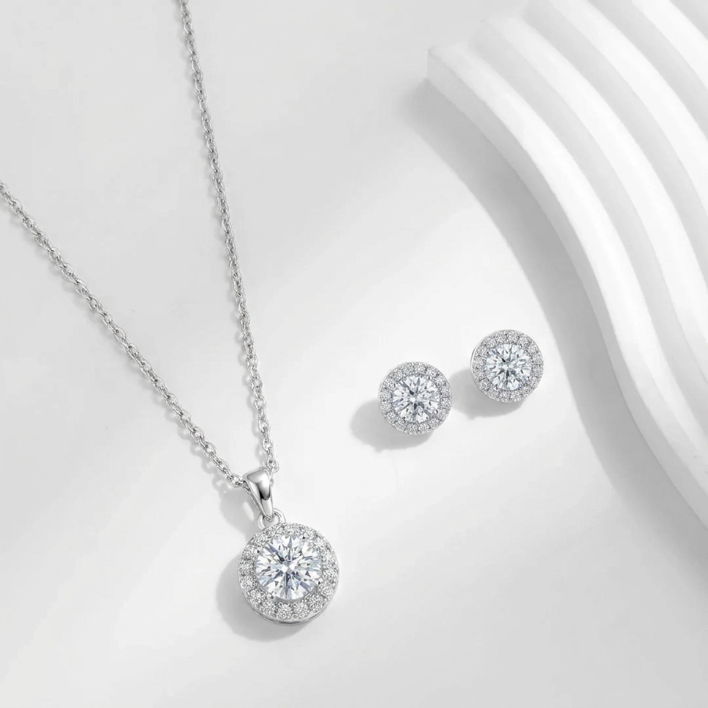 925 Silver Jewelry Set with Sparkling Stone – Elegant Necklace and Earrings