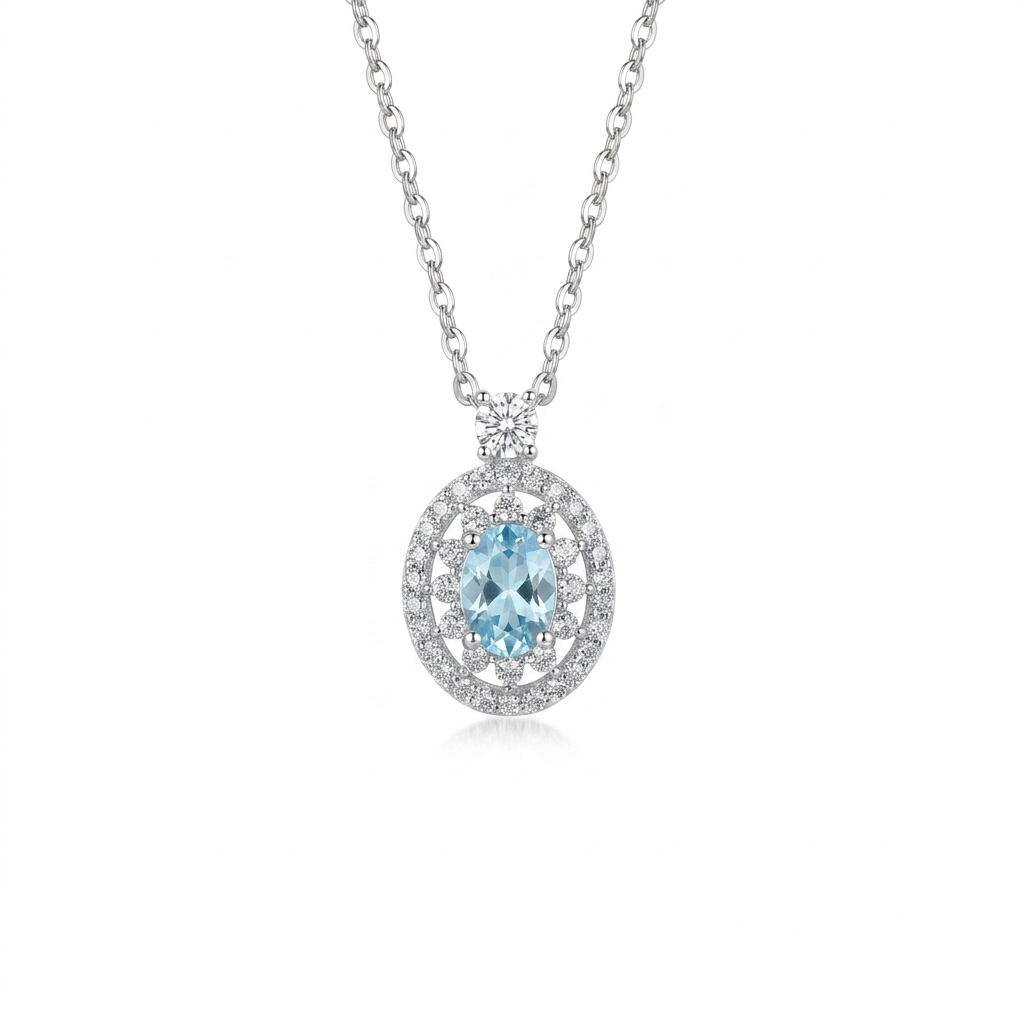 925 Silver Oval Design Set with Blue Stone – Necklace and Earrings