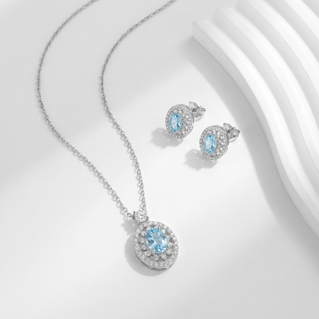925 Silver Oval Design Set with Blue Stone – Necklace and Earrings