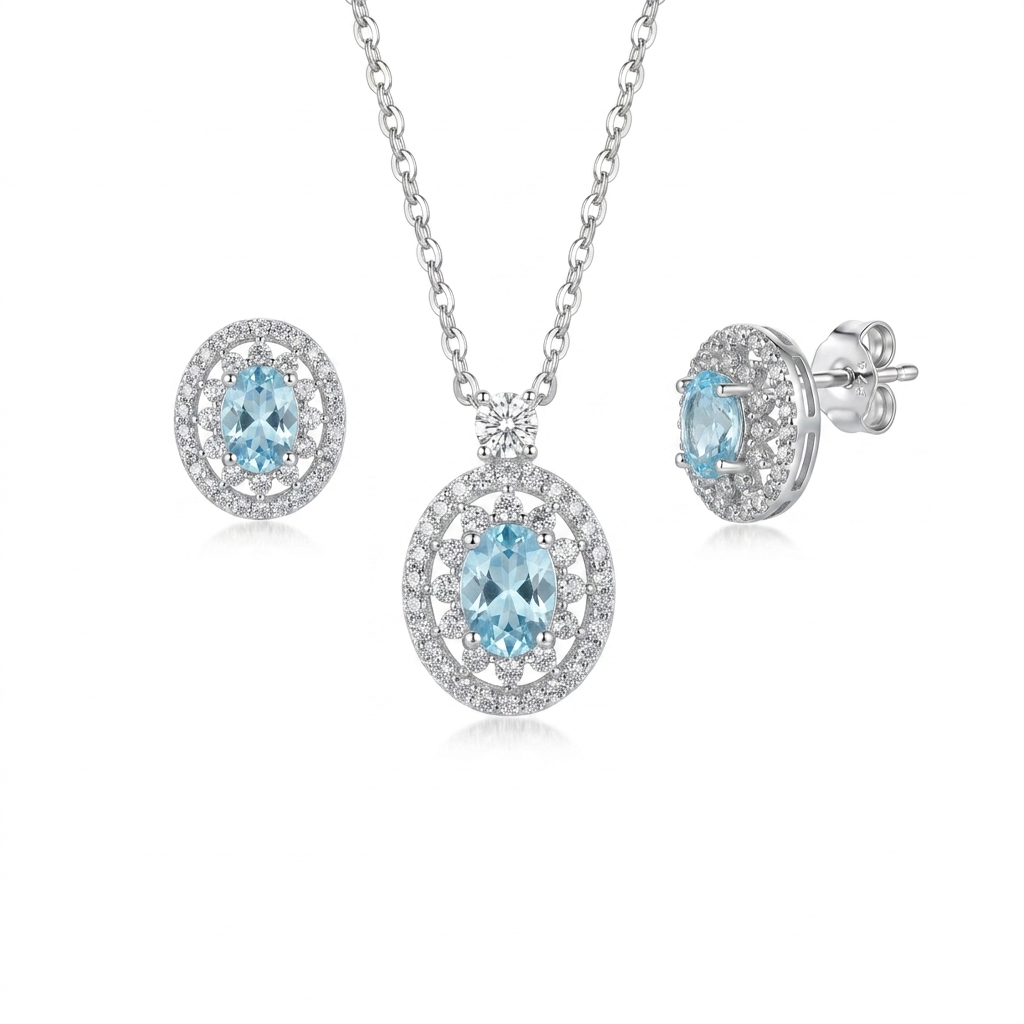 925 Silver Oval Design Set with Blue Stone – Necklace and Earrings