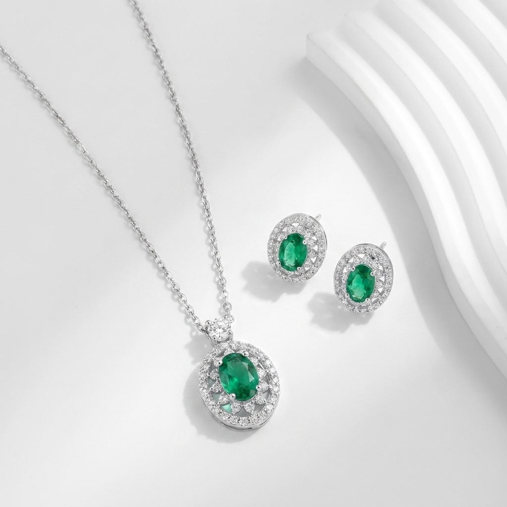 925 Silver Set with Oval Green Stone