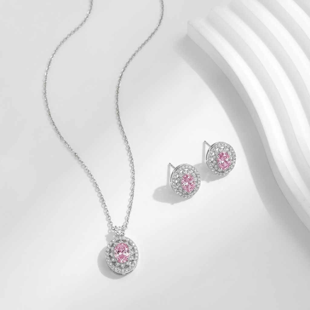 925 Silver Pink Sparkling Jewelry Set with Zircon Details – Necklace and Earrings
