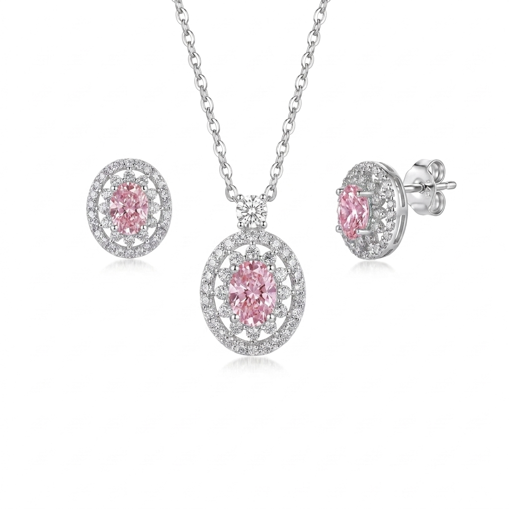 925 Silver Pink Sparkling Jewelry Set with Zircon Details – Necklace and Earrings