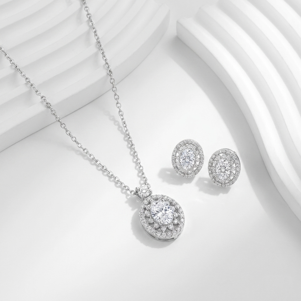 925 Silver Luxury Jewelry Set with Sparkling Stone – Necklace and Earrings