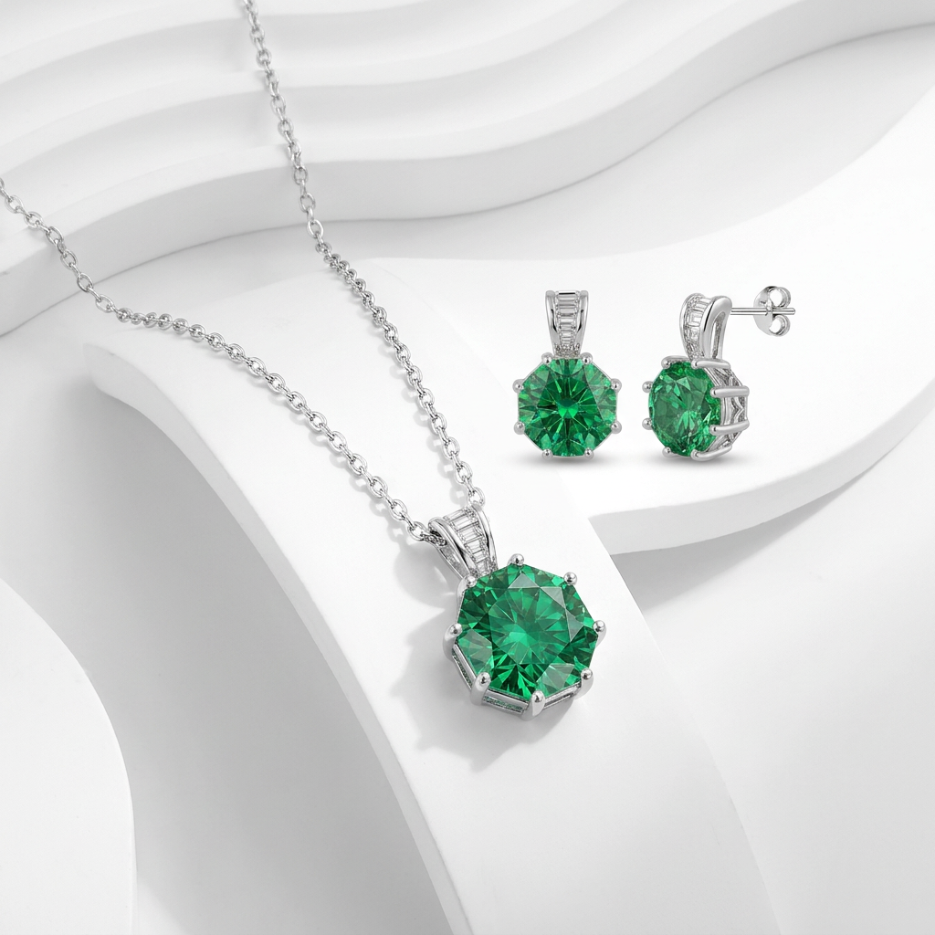925 Silver Geometric Design Set with Green Stone – Necklace and Earrings