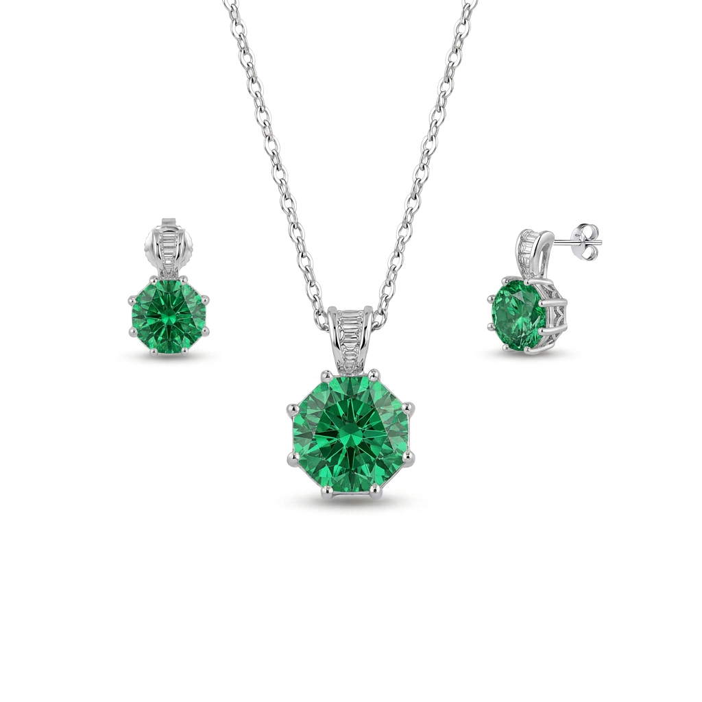 925 Silver Geometric Design Set with Green Stone – Necklace and Earrings