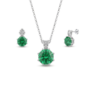 925 Silver Geometric Design Set with Green Stone – Necklace and Earrings