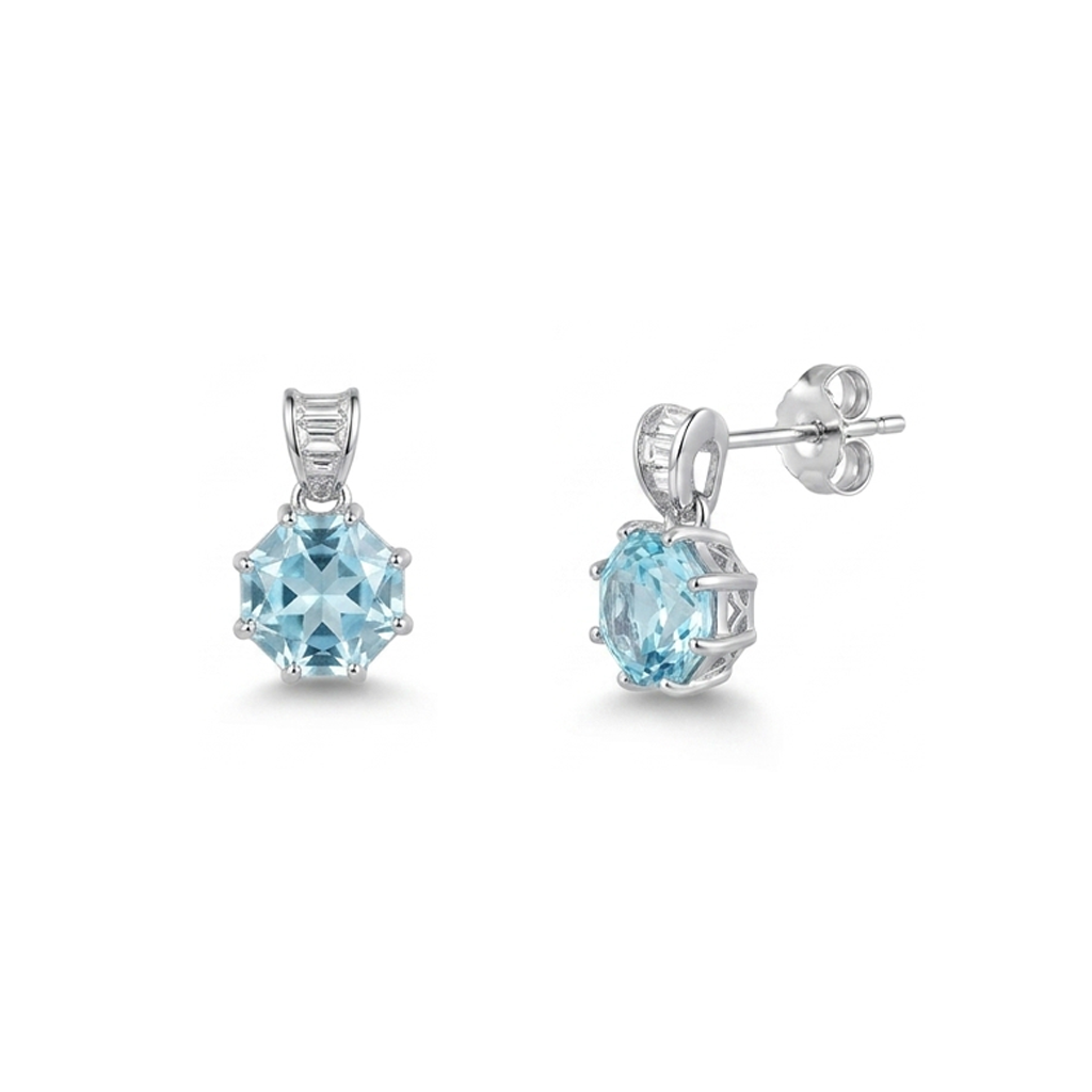 925 Silver Luxury Set with Hexagonal Ice Blue Stone – Necklace and Earrings