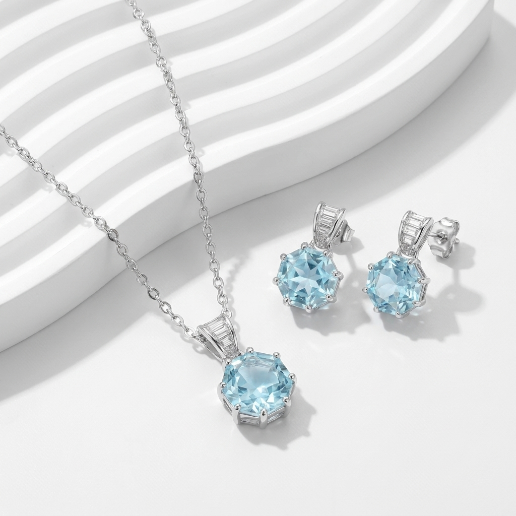 925 Silver Luxury Set with Hexagonal Ice Blue Stone – Necklace and Earrings