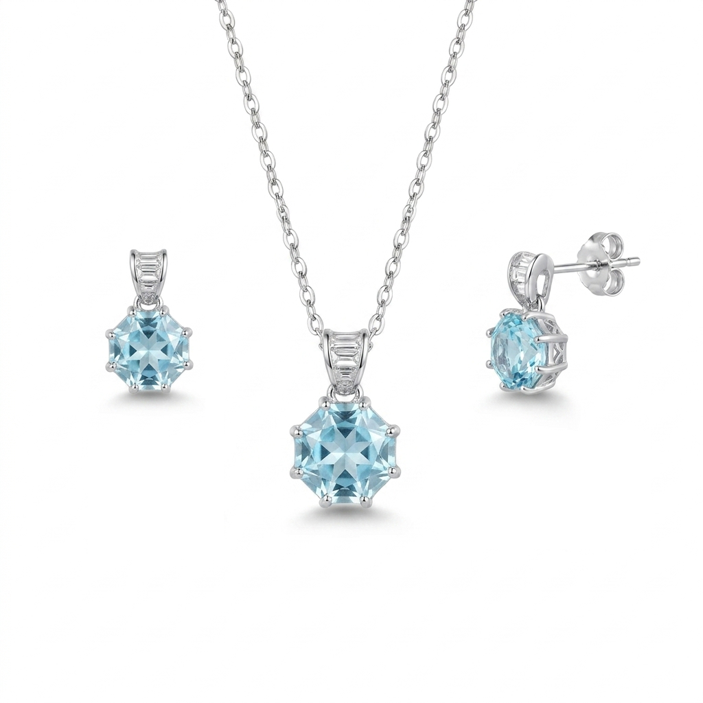 925 Silver Luxury Set with Hexagonal Ice Blue Stone – Necklace and Earrings