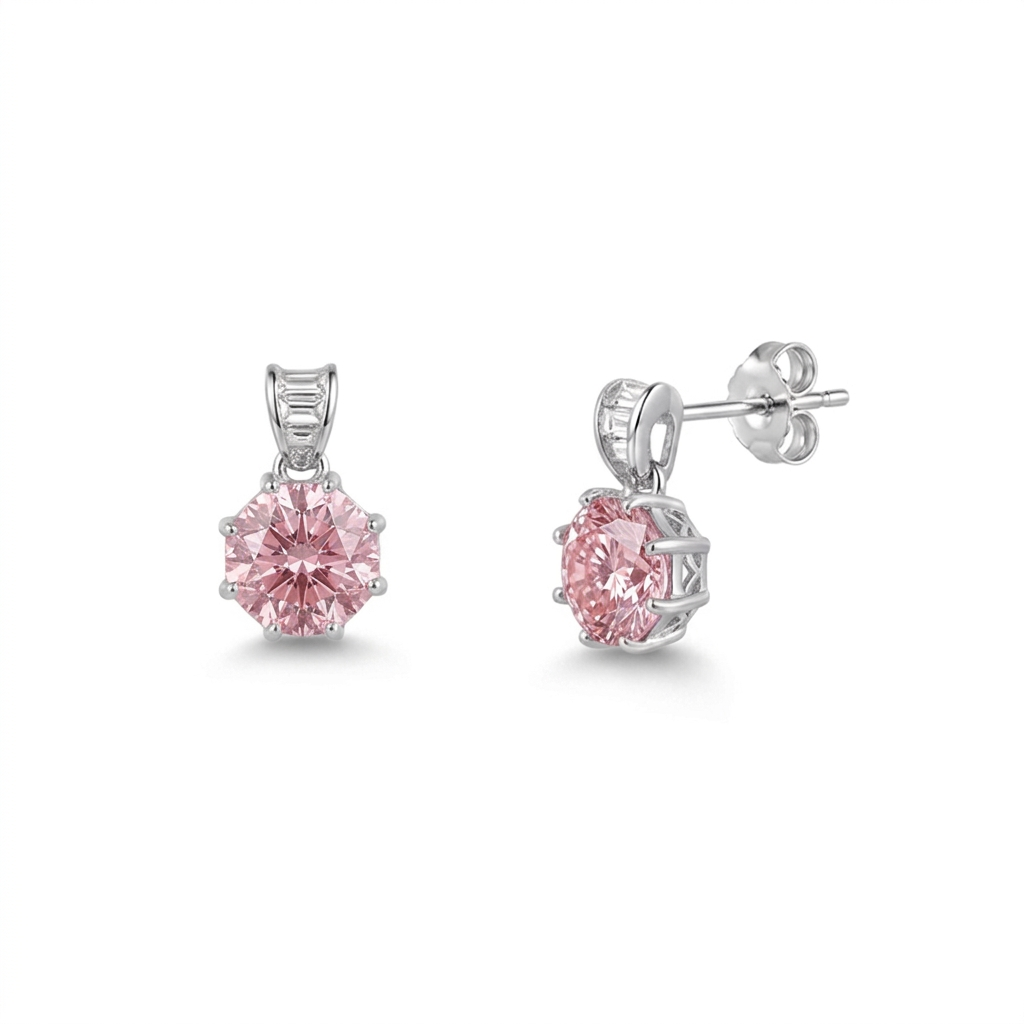 925 Silver Pink Octagon-Cut Jewelry Set – Necklace and Earrings