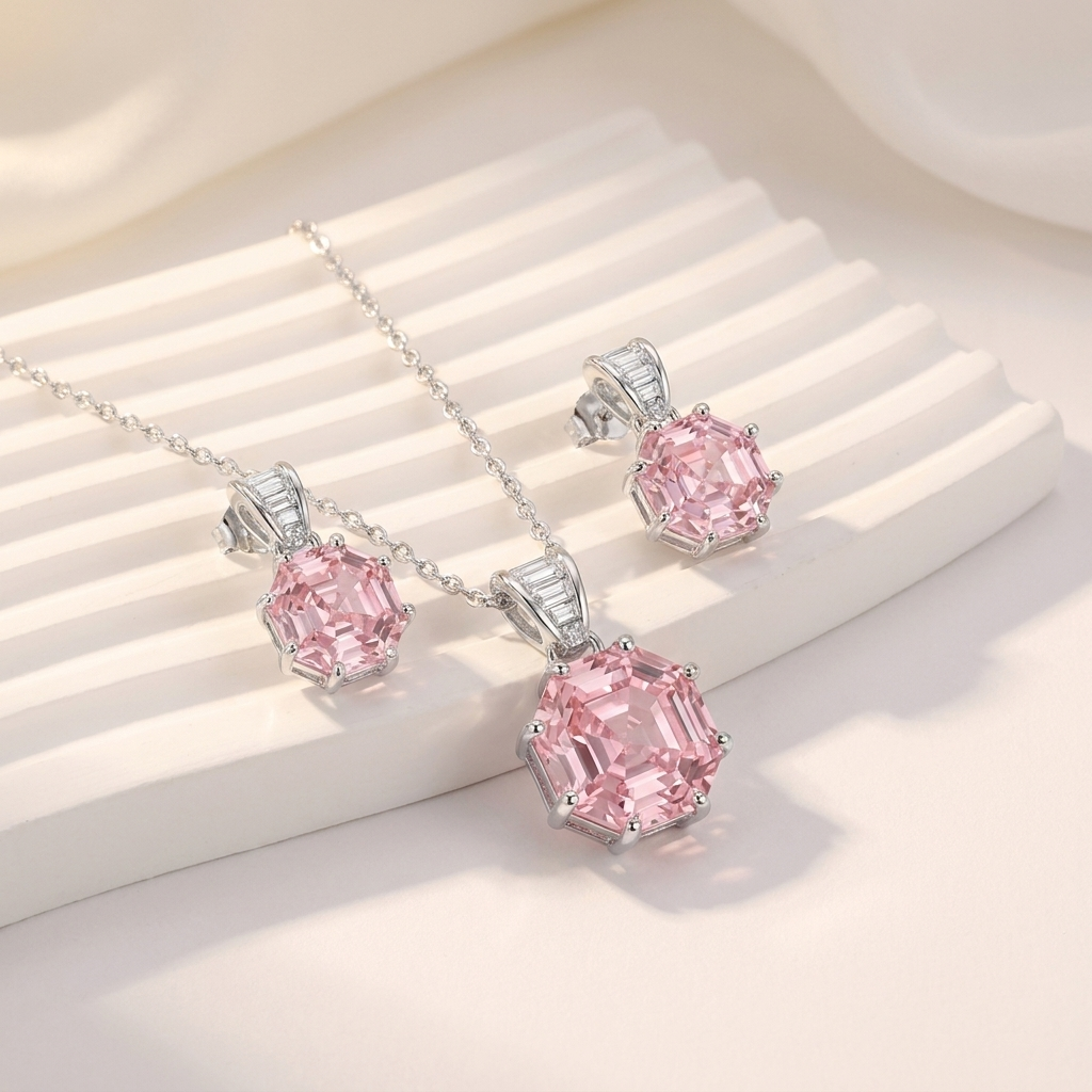 925 Silver Pink Octagon-Cut Jewelry Set – Necklace and Earrings
