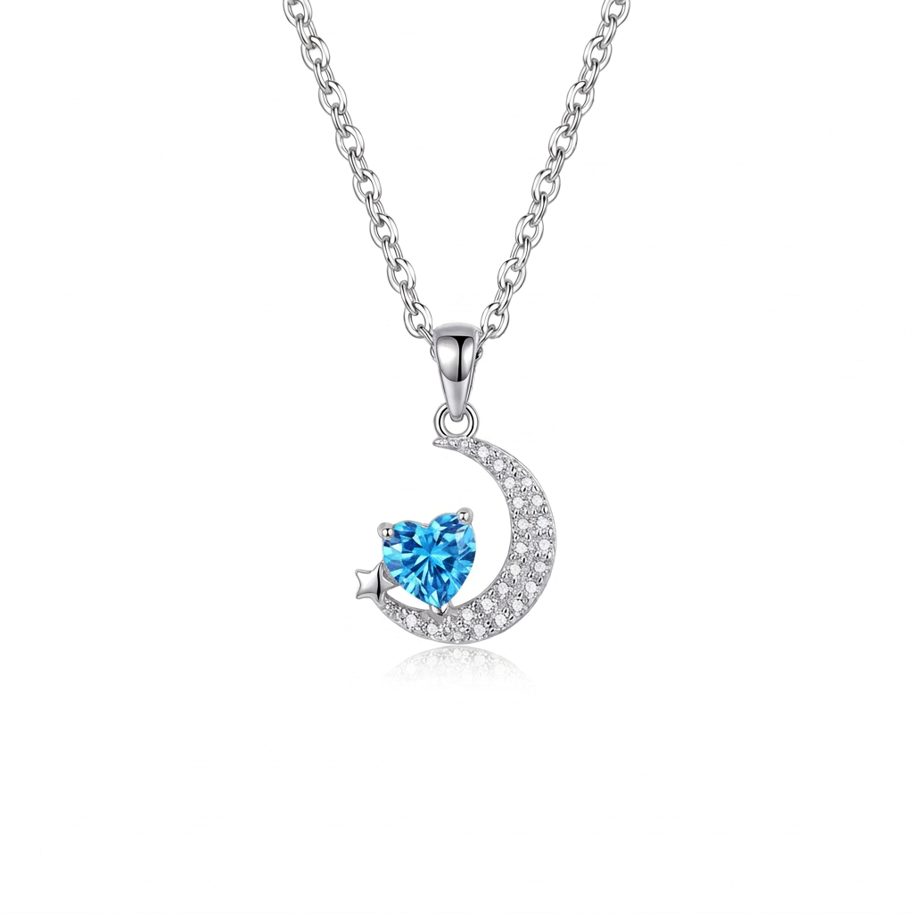 925 Silver Crescent and Blue Heart Jewelry Set