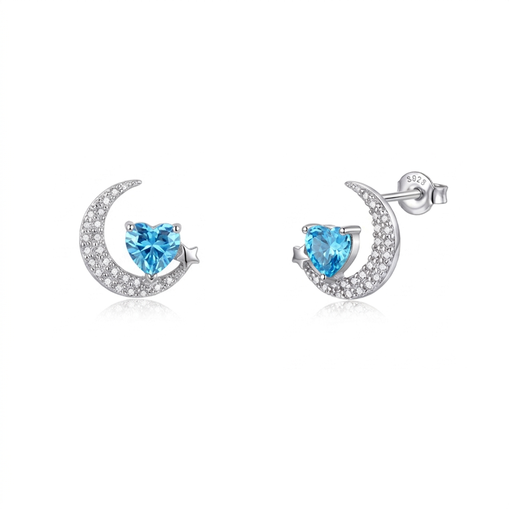 925 Silver Crescent and Blue Heart Jewelry Set