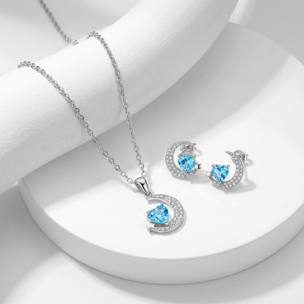 925 Silver Crescent and Blue Heart Jewelry Set