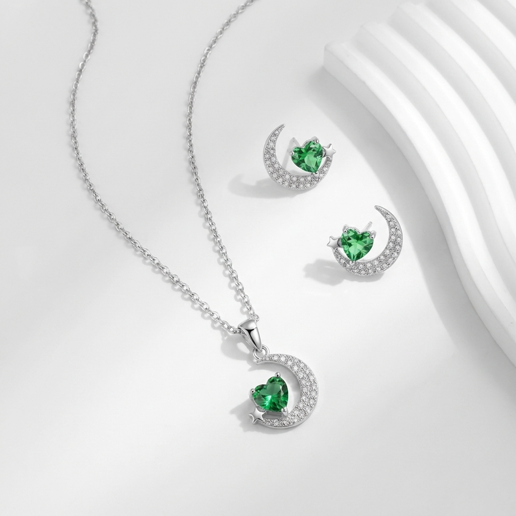 925 Silver Crescent Jewelry Set with Sparkling Green Design