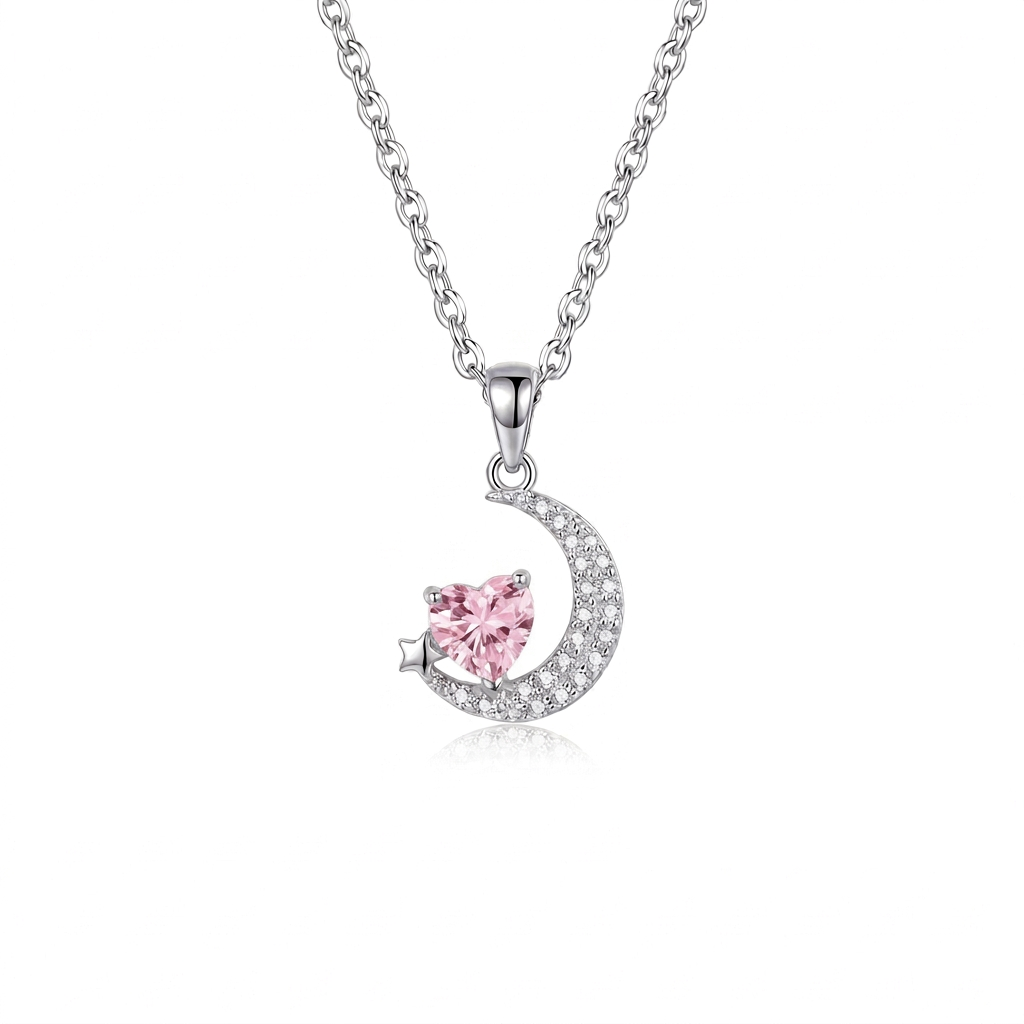 925 Silver Crescent Set with Pink Heart Stone
