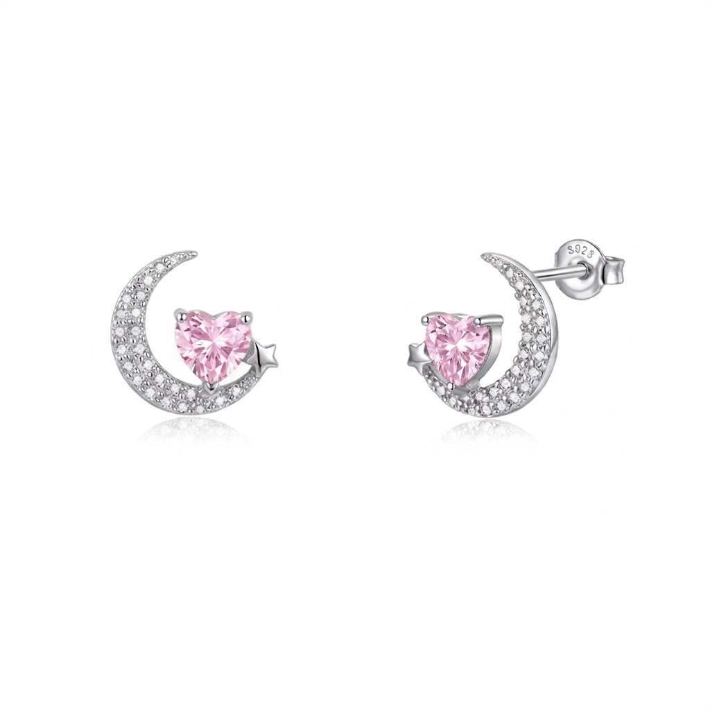 925 Silver Crescent Set with Pink Heart Stone