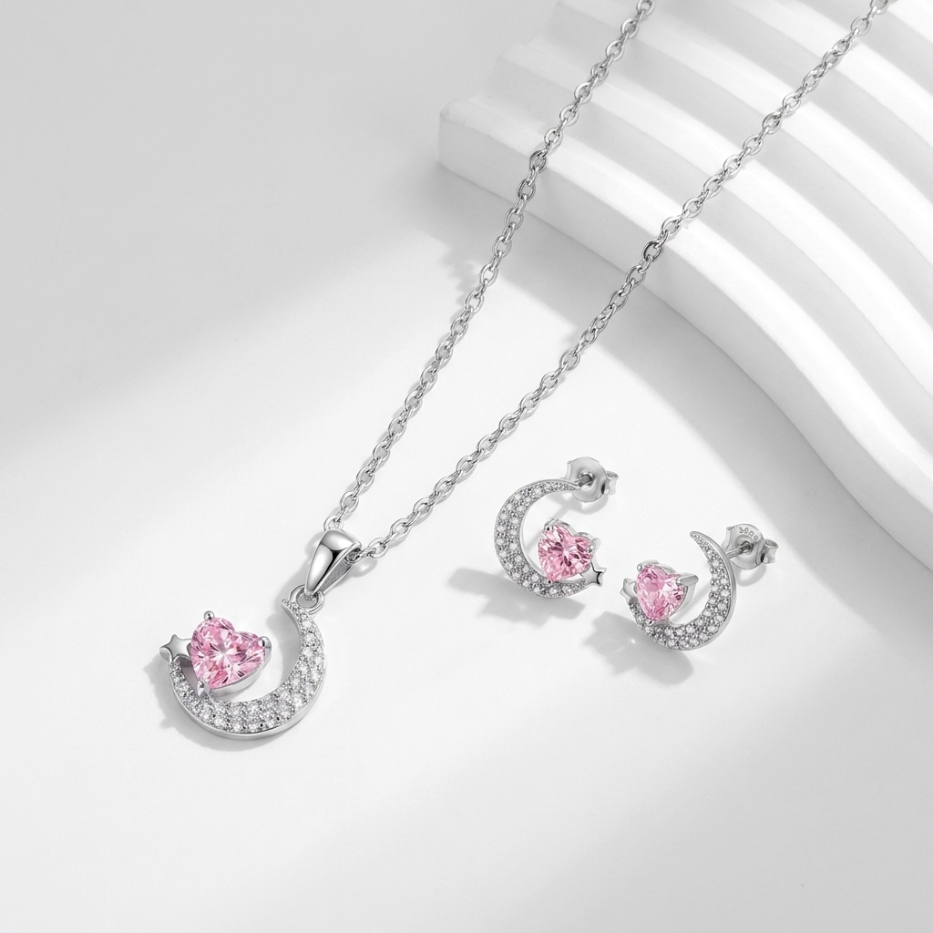 925 Silver Crescent Set with Pink Heart Stone