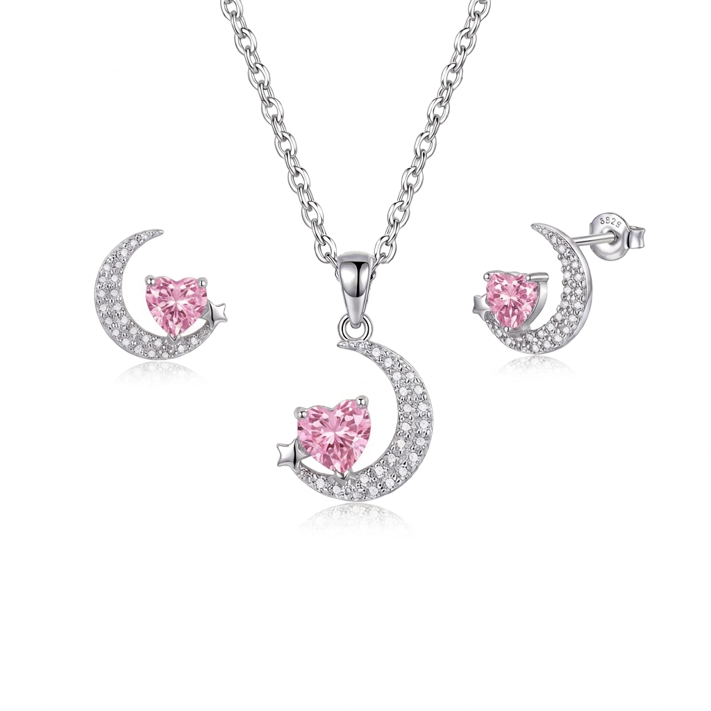 925 Silver Crescent Set with Pink Heart Stone