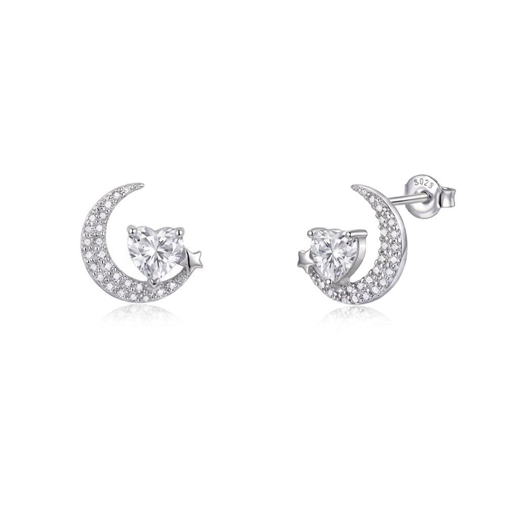 925 Silver Crescent Jewelry Set with Sparkling Heart Stone
